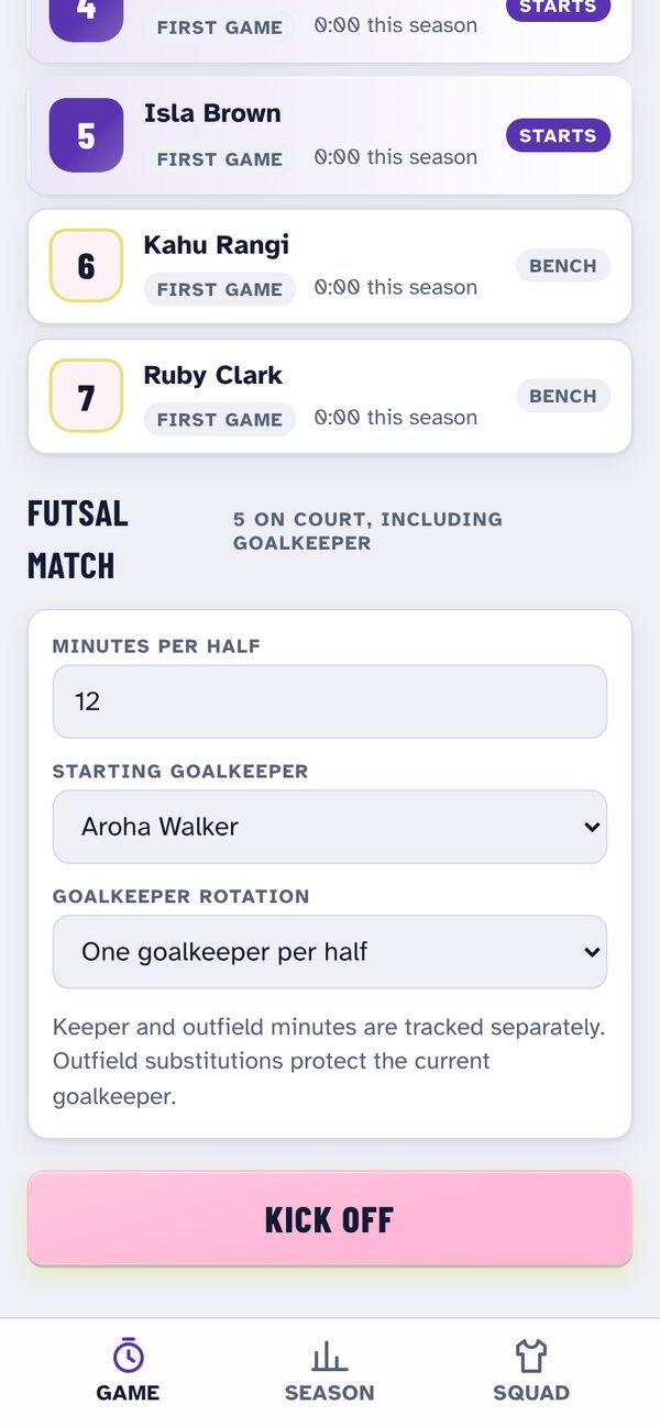 Futsal match settings: minutes per half and goalkeeper rotation