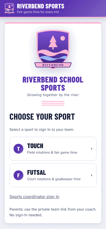 Signing in: choose your sport, then your team