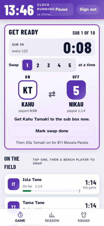 Live game: the sub card counts down, then the coach marks the swap done