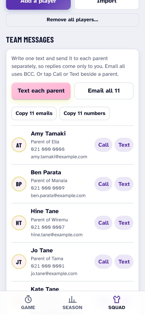 Team messages: text each parent, email all, call or text one